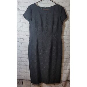 Talbots Petites Black Floral Jacquard Sheath Dress Vintage 14P Short Sleeve